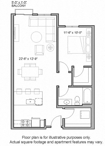 Floor plan for 1 bed, 1 bath, 778 sqft